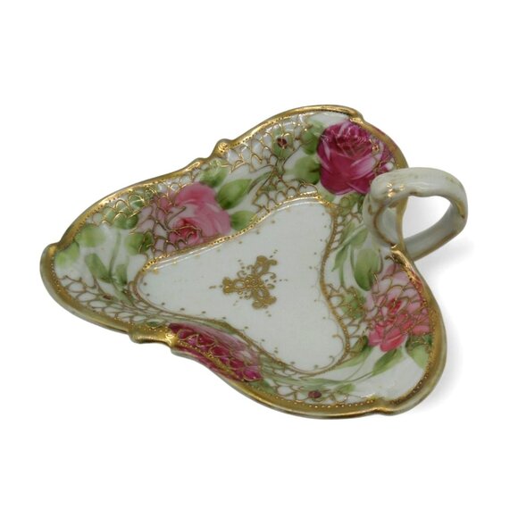 NIPPON Heart Shaped Dish Porcelain Trinket with Rose & Gold Moriage, Vintage - Picture 2 of 12